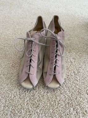 Lace-Up Peep-Toe Heels in Taupe side is see through mesh